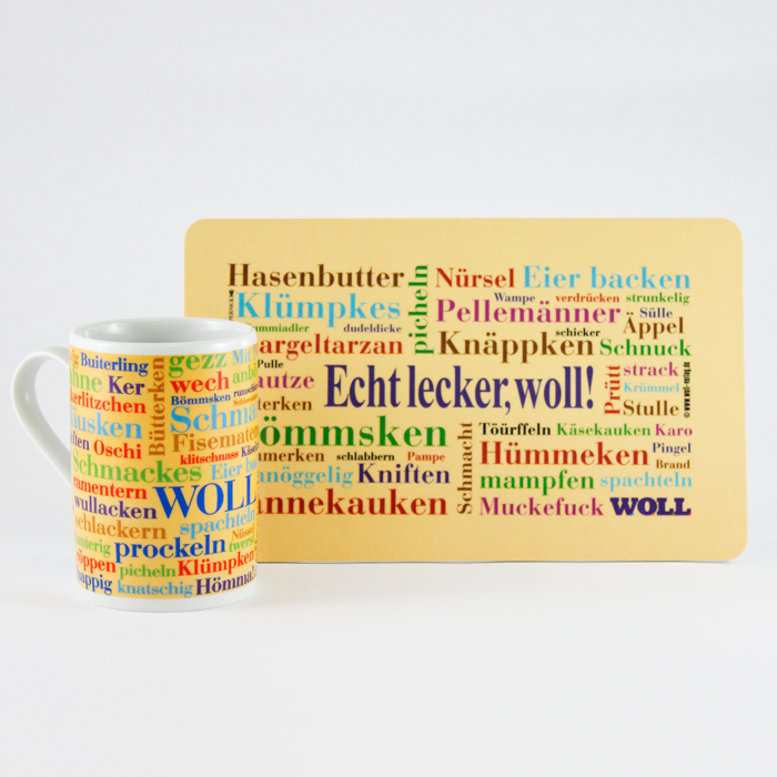 Frühstücksbrettchen und Kaffeebecher Sauerländer Wörter (2er Set)