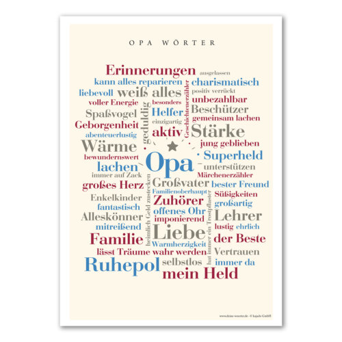 Endlich sind die schönsten Wörter aus dem Leben eines Opas auf einem liebevoll gestalteten Poster vereint. Als Geschenk für deinen Opa oder für die eigenen vier Wände.